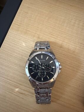 Bulova Silver Stainless Steel Watch with Black Dial